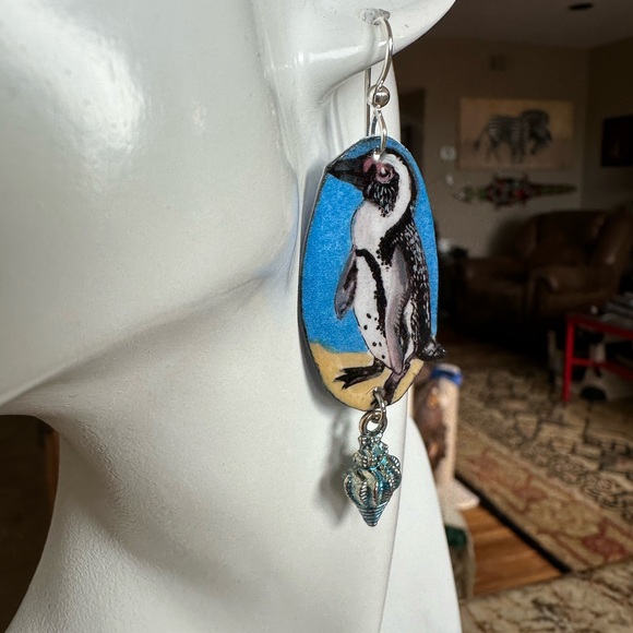 African jack ass penguins handpainted Earrings lightweight sterling silver OOAK - Picture 5 of 5